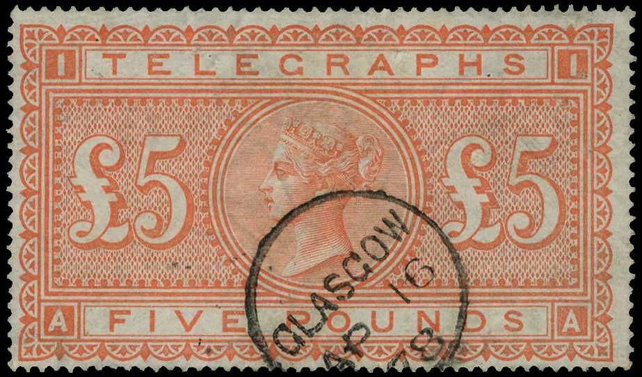 TELEGRAPH: 1876-81 £5 orange (AA), used...