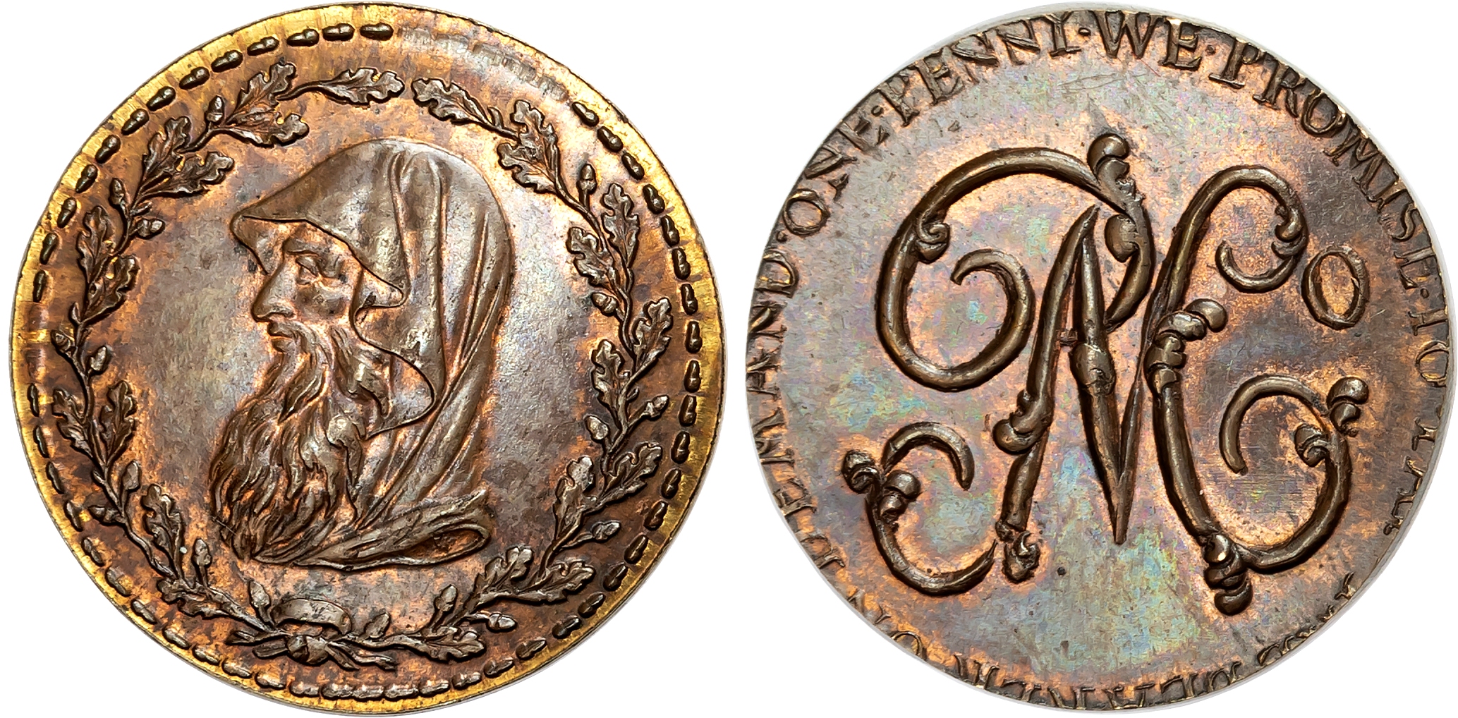 Anglesey , Amlwch  Parys Mine Co , Skidmore’s mule Halfpenny, Druid’s head left within oak wreath, rev. PMCo cypher, str …