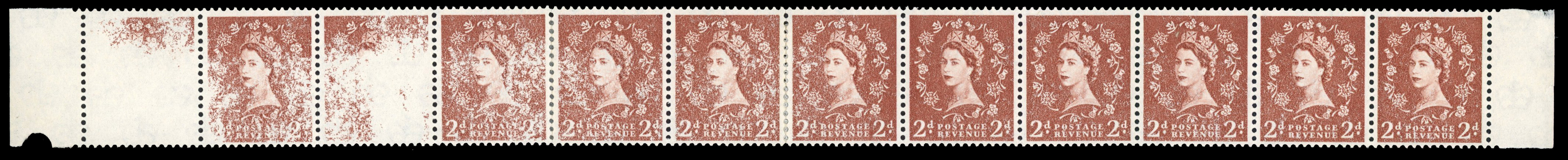 GB: 1958 Crowns, cream paper, 2d light red-brown, mint horizontal row with progressive dry print 
