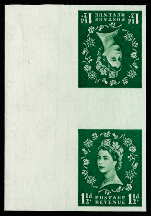 GB 1960 1½d Green (Wmk. Crowns, Cream paper). Superb unmounted o.g vertical tête-bêche gutter pair … SG572var