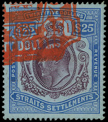 1911 $25 purple and blue on blue paper, fine fiscally used with part red seal cancel.  SG 168,...