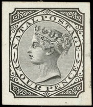 1874 4d cut-down Die Proof in black on glazed card, very fine.  For SG...