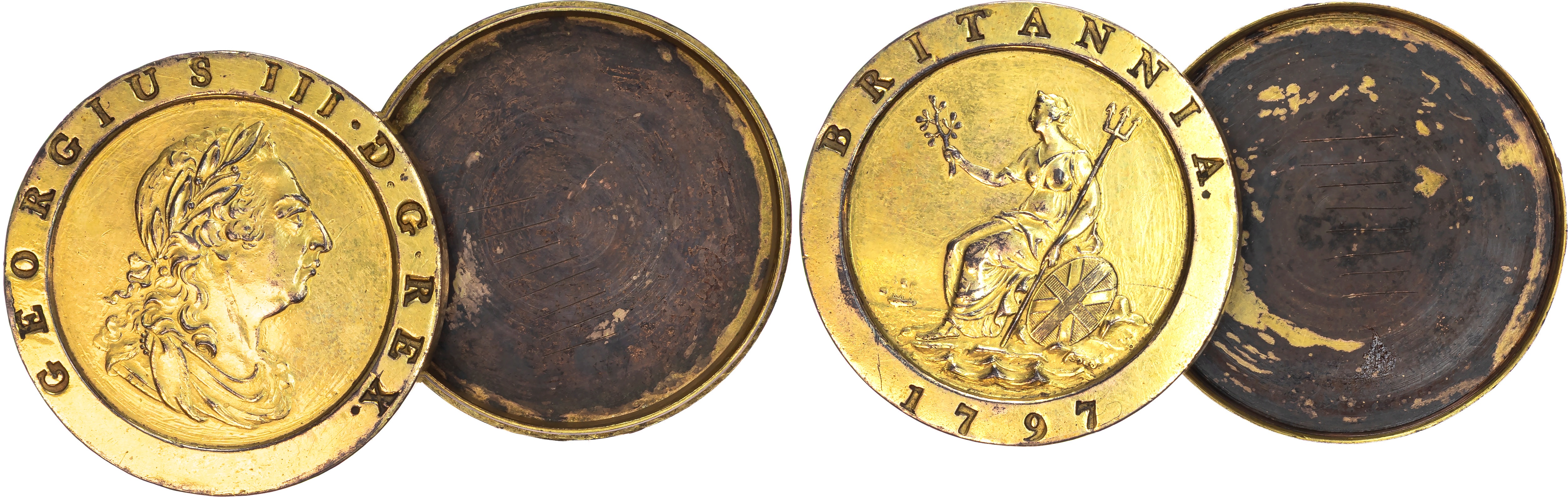 George III (1760-1820), AE Gilt ‘Cartwheel’ Twopence, 1797, gilt and screw turned into a smuggler’s box.