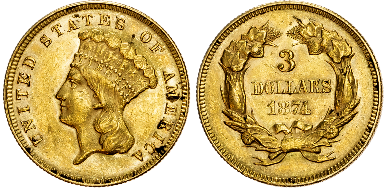 USA, Indian Princess Head, gold 3 Dollars, 1874, Philadelphia