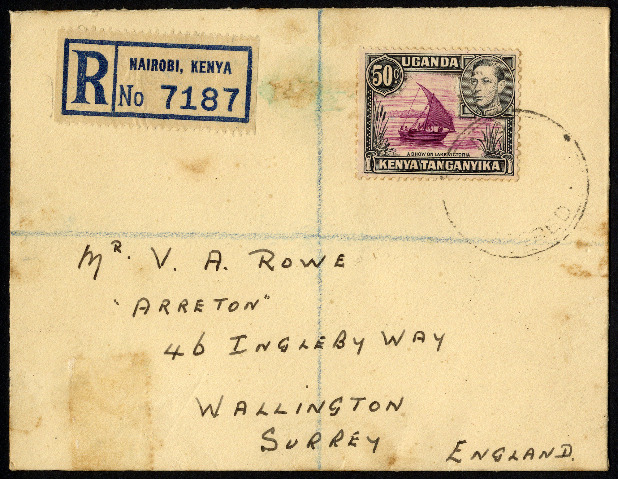 1938 50ct perf 13 x 11¾ on registered cover to UK, tied by light Nairobi CDS, the stamp with R2/5 rope not joined to sail....