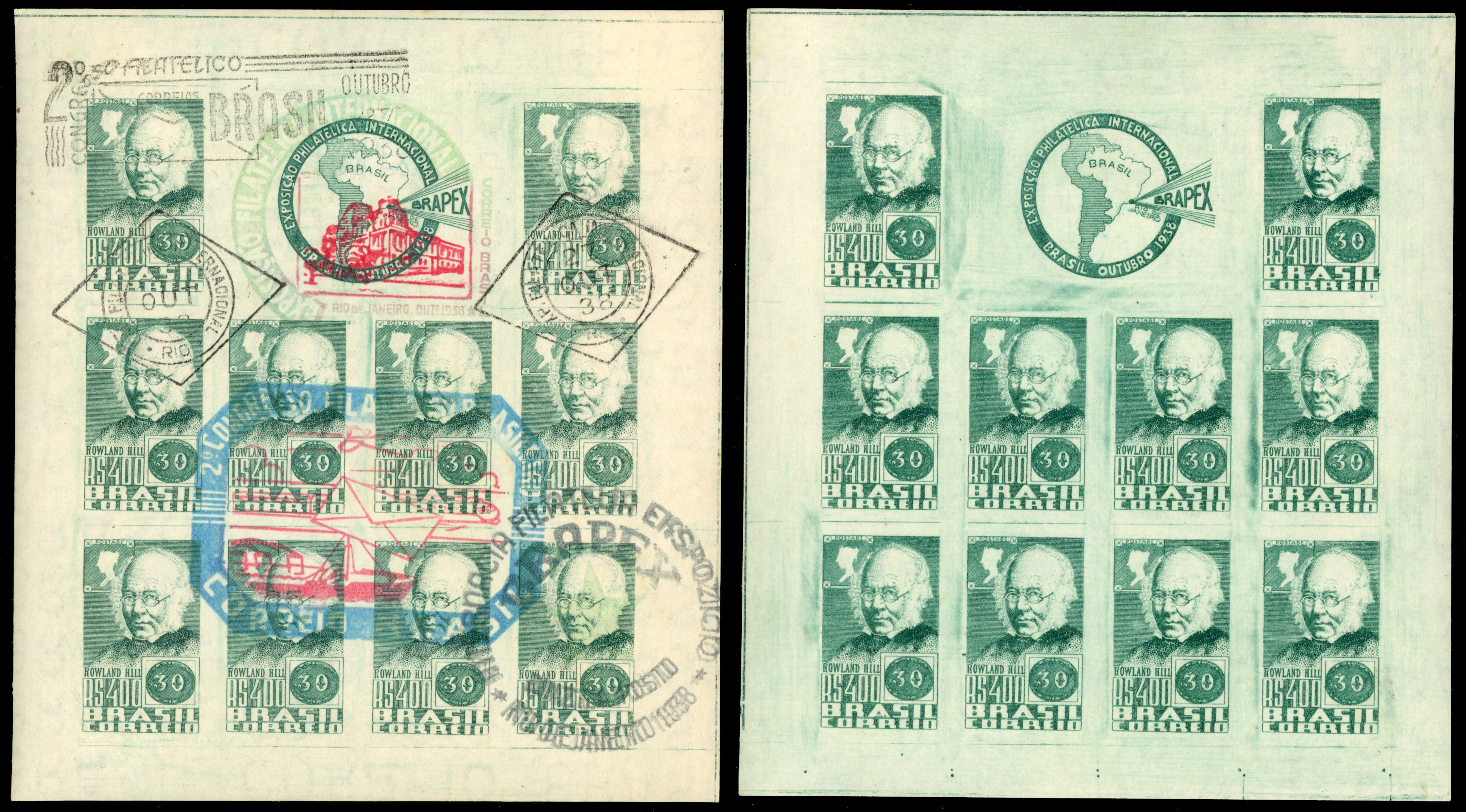 Brazil 1938 Rowland Hill 400r sheetlet of 10 unused and used plus 4 covers