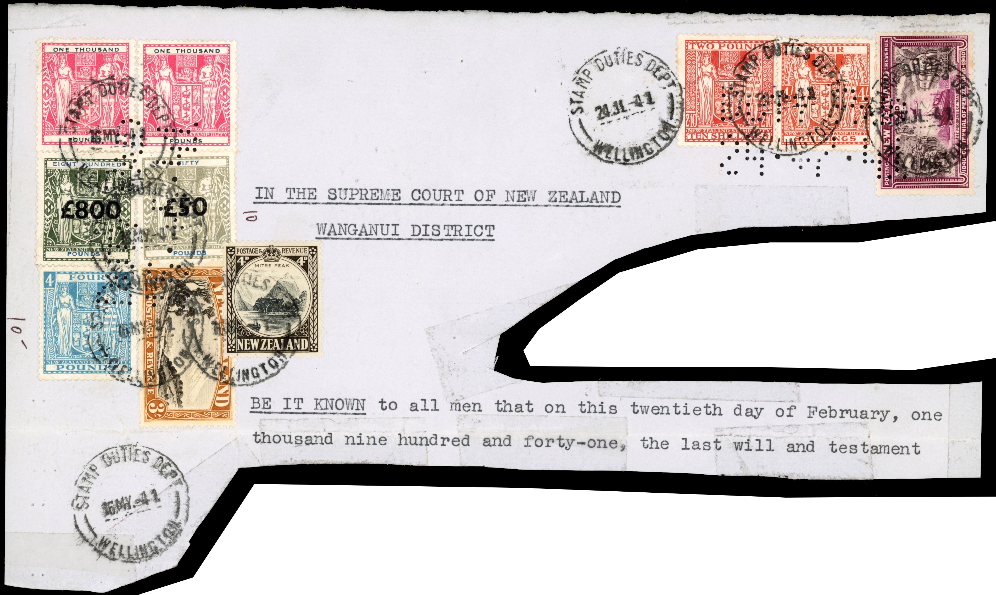New Zealand High Value Arms franking on document piece