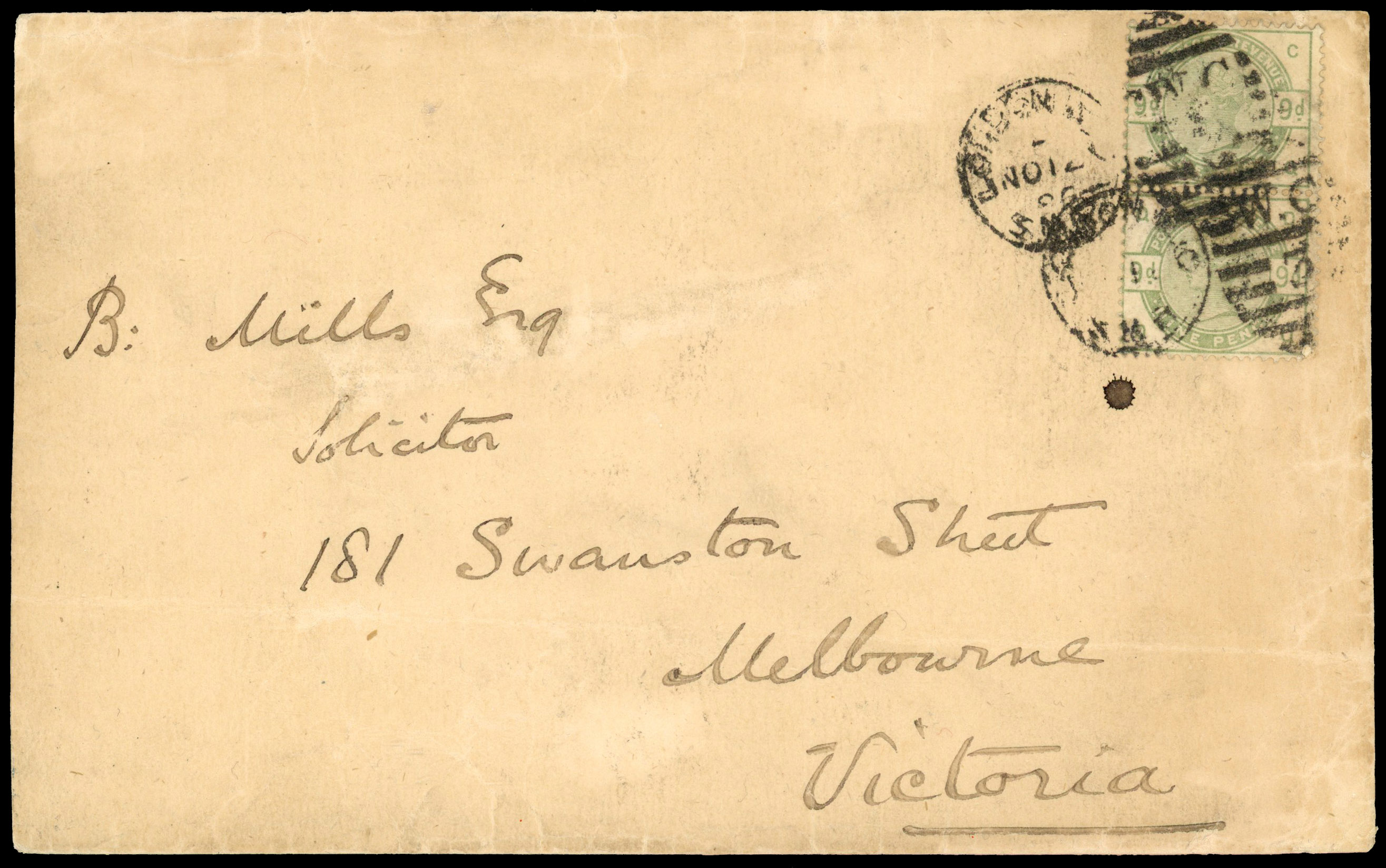 9d Dull green. Envelope sent from London to Melbourne with pair, Rare.