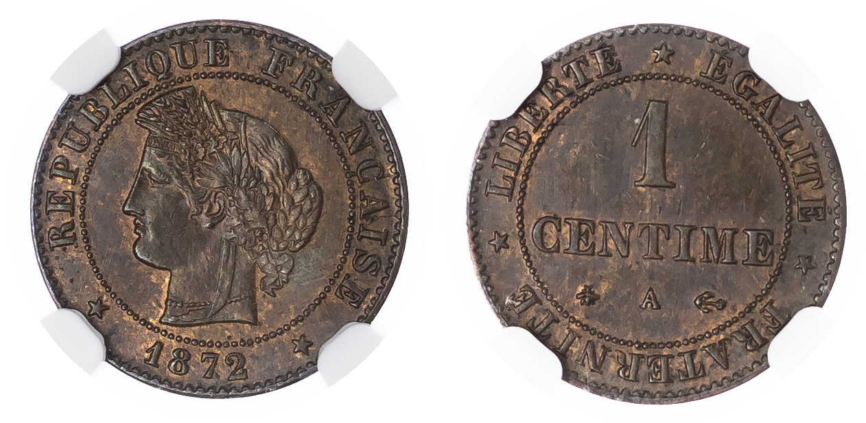 France. Third Republic CU 1 Centime. 1872A. 