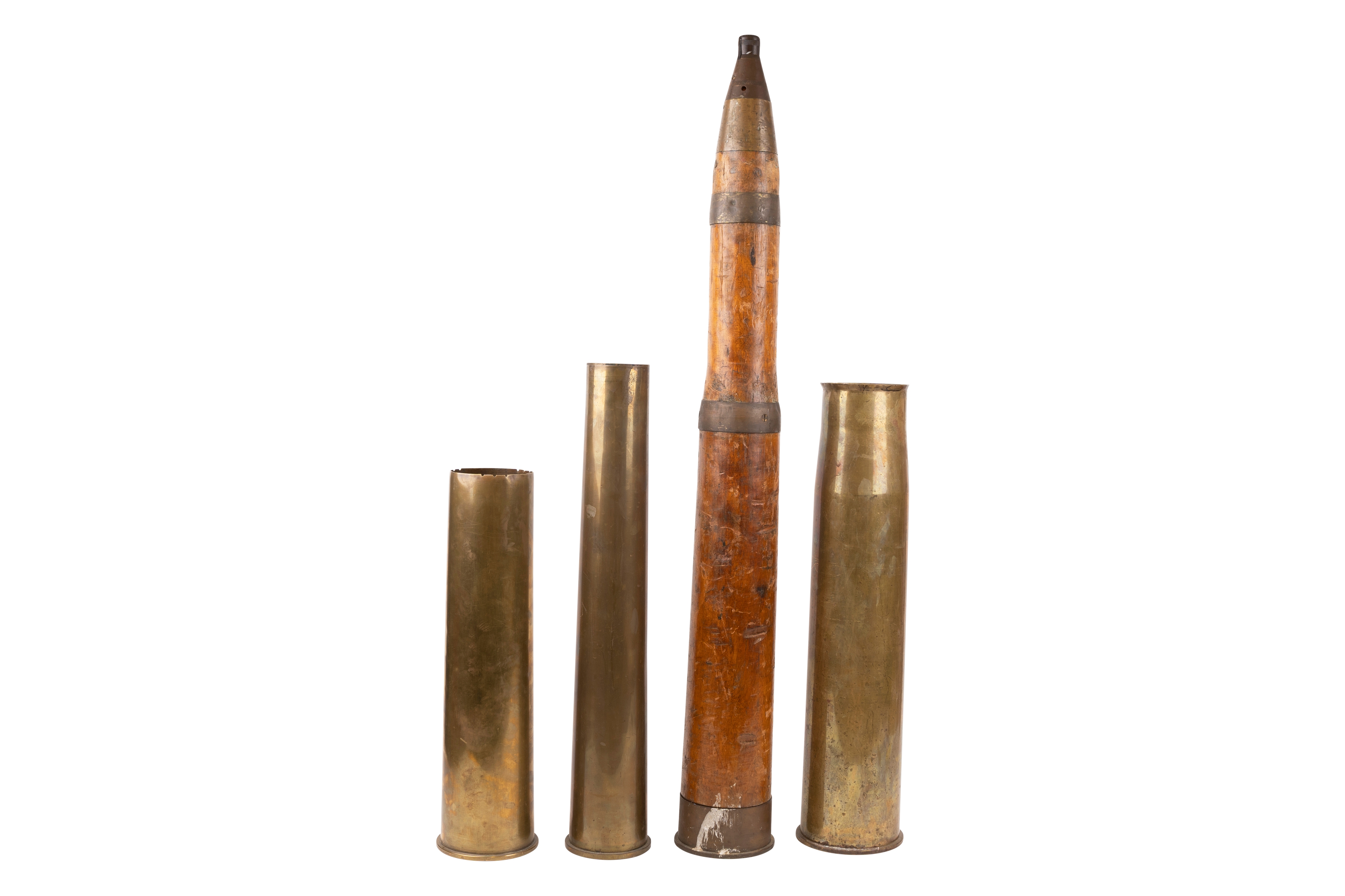 Anti-Aircraft Wooden Drill Round, 3.7 inch, 1943 dated, with three cartridge cases