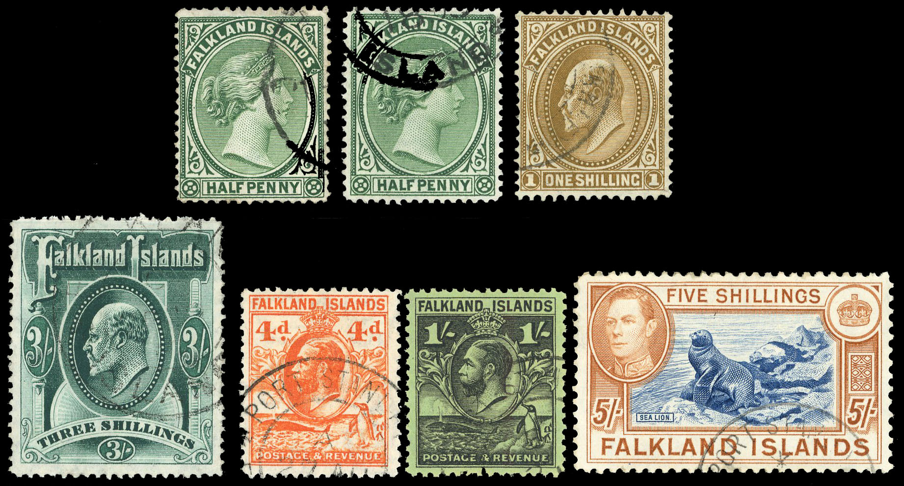 Falkland Is 1892 ½d green (2), KE VII, 3/- (perfs...