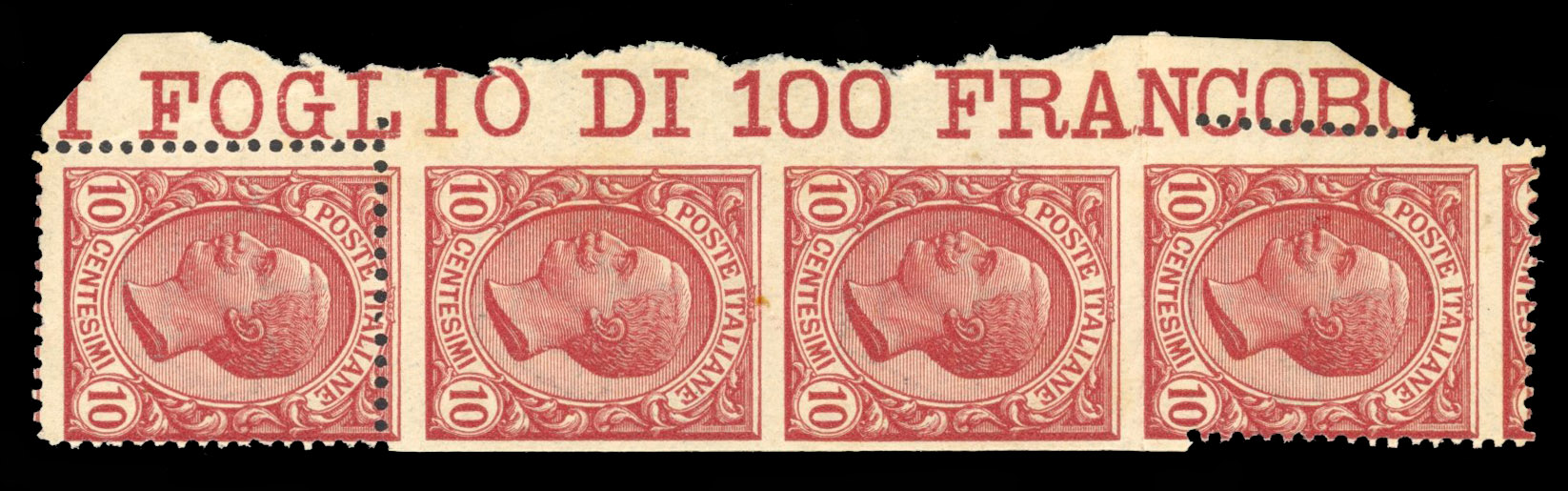 Italy 1906 10c 'Leoni' vertical marginal strip of 4 part perforated unmounted o.g.