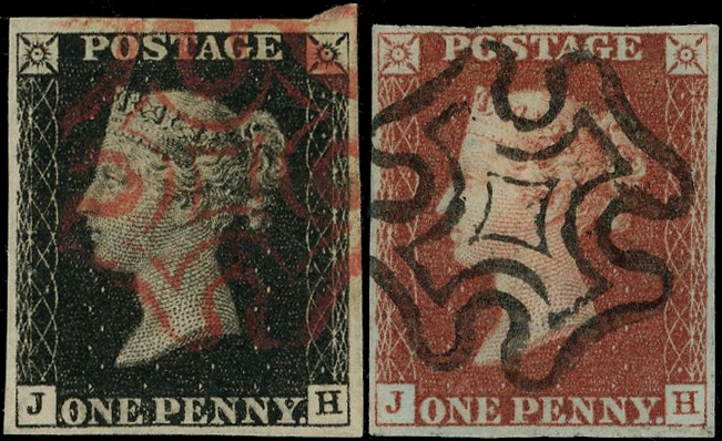1840 1d black and 1841 1d red-brown, plate 5 (JH), matched pair
