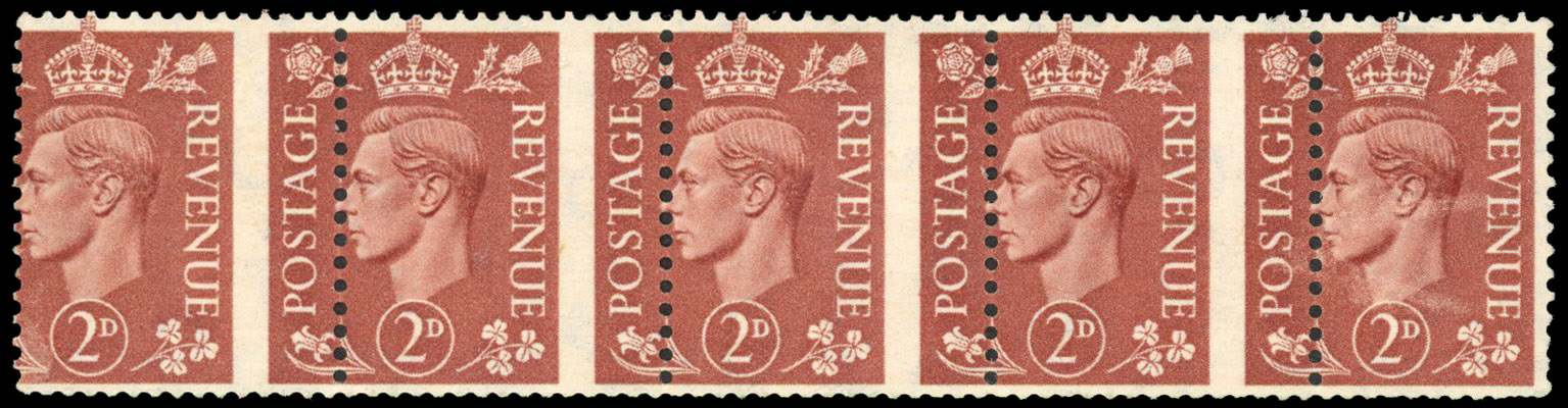 1951 2d Pale red-brown watermark sideways strip with perforation shift mint (SG506a)