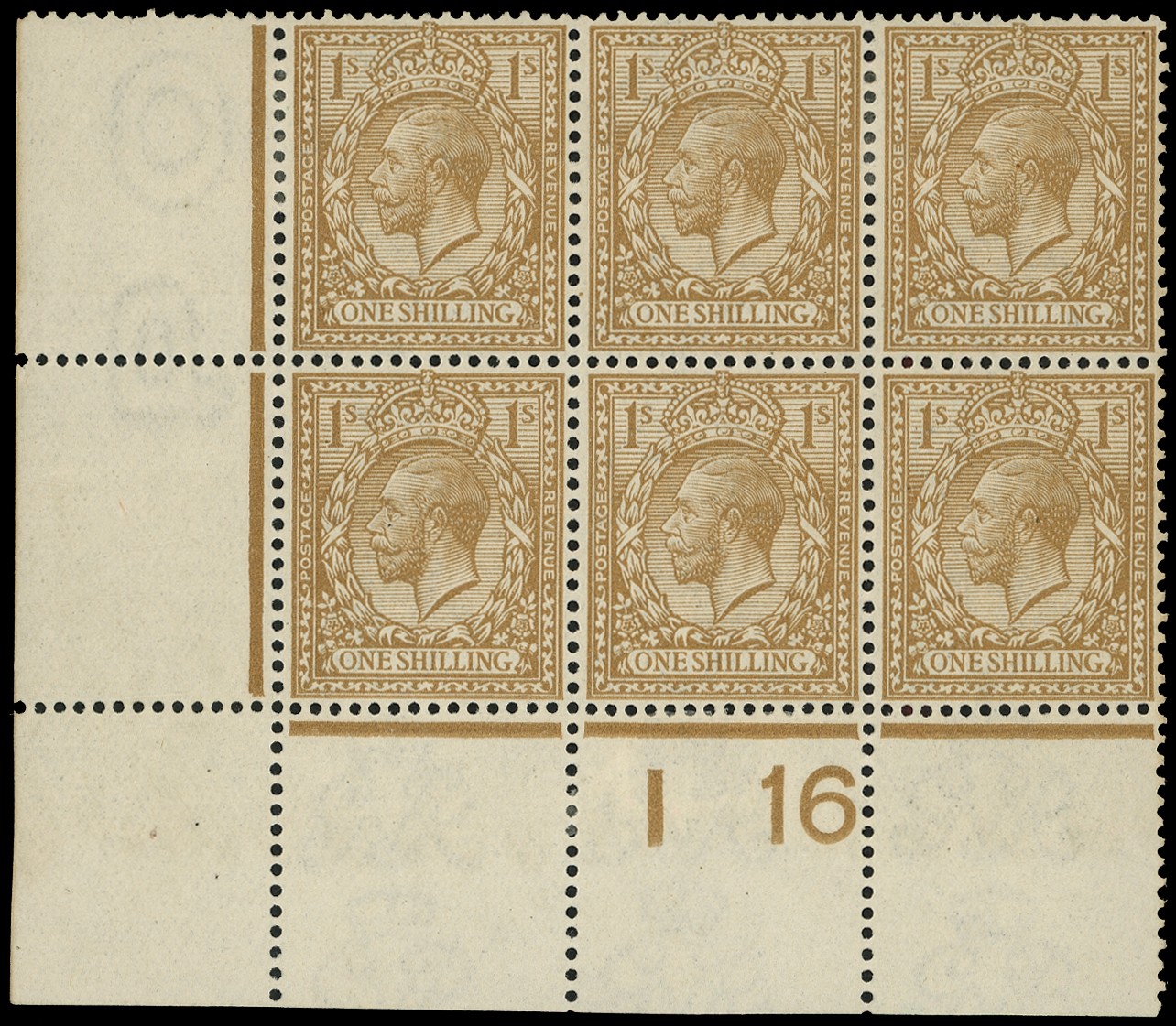 1912-24 1/- Fawn-brown shade, lower marginal control block of six