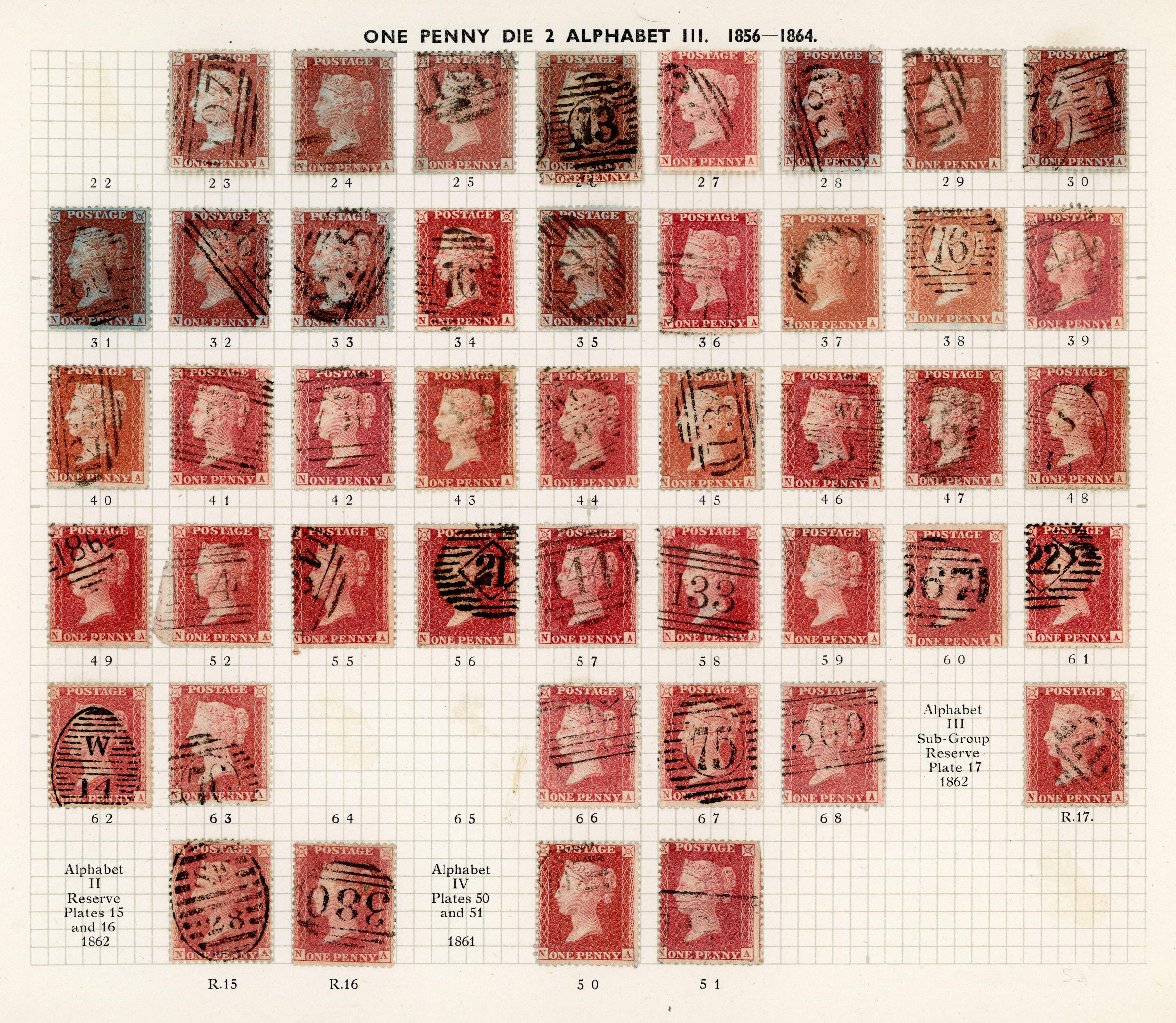 GB 1856-64 1d reds from Plate 22 - R17, the N Row
