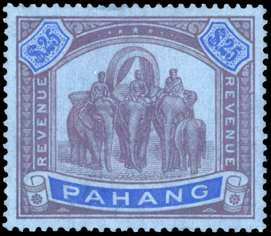 Pahang Revenues 1936 $25 purple and blue on blue paper mint