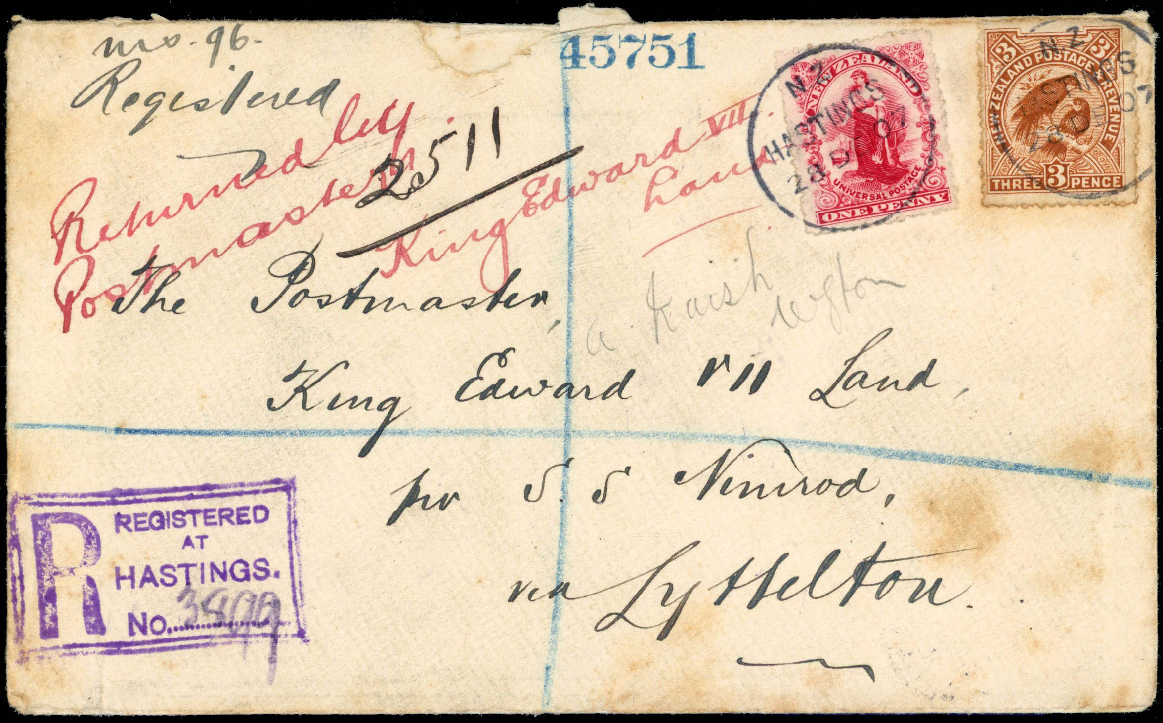 New Zealand King Edward VII Land returned cover by Postmaster