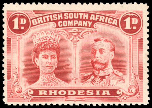 Rhodesia 1910-13 1d brownish carmine-lake perf 14 OD flaw