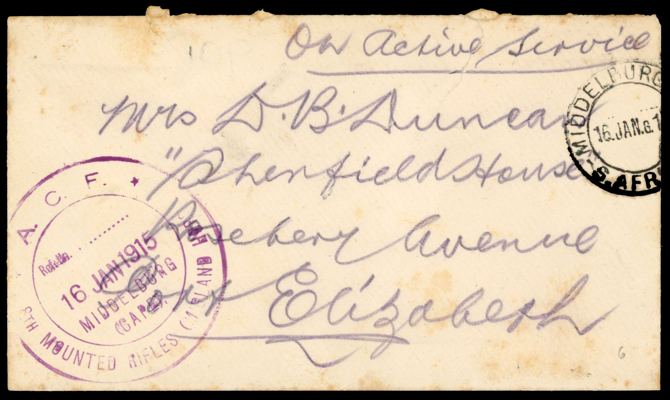 POSTAL HISTORY: 1916 stampless ‘On Active Service’ cover to Port Elizabeth cancelled “MIDDLEBURG/S.AFRICA/16