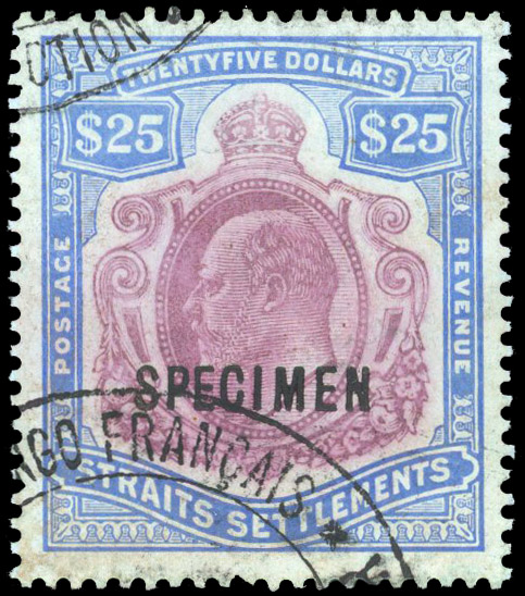 Straits Settlements 1906-12 $25 opt SPECIMEN and with Gabon receiving handstamps