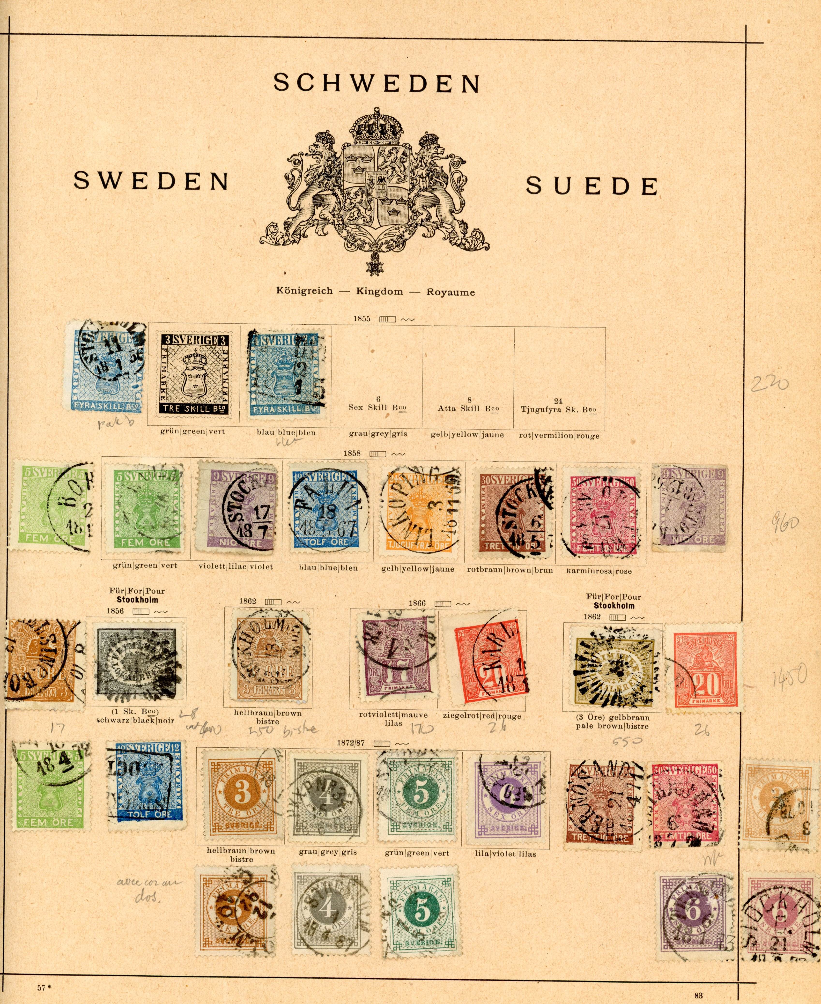 Sweden 1855-1912 reasonably complete used collection with values to 5k arranged on printed album leaves