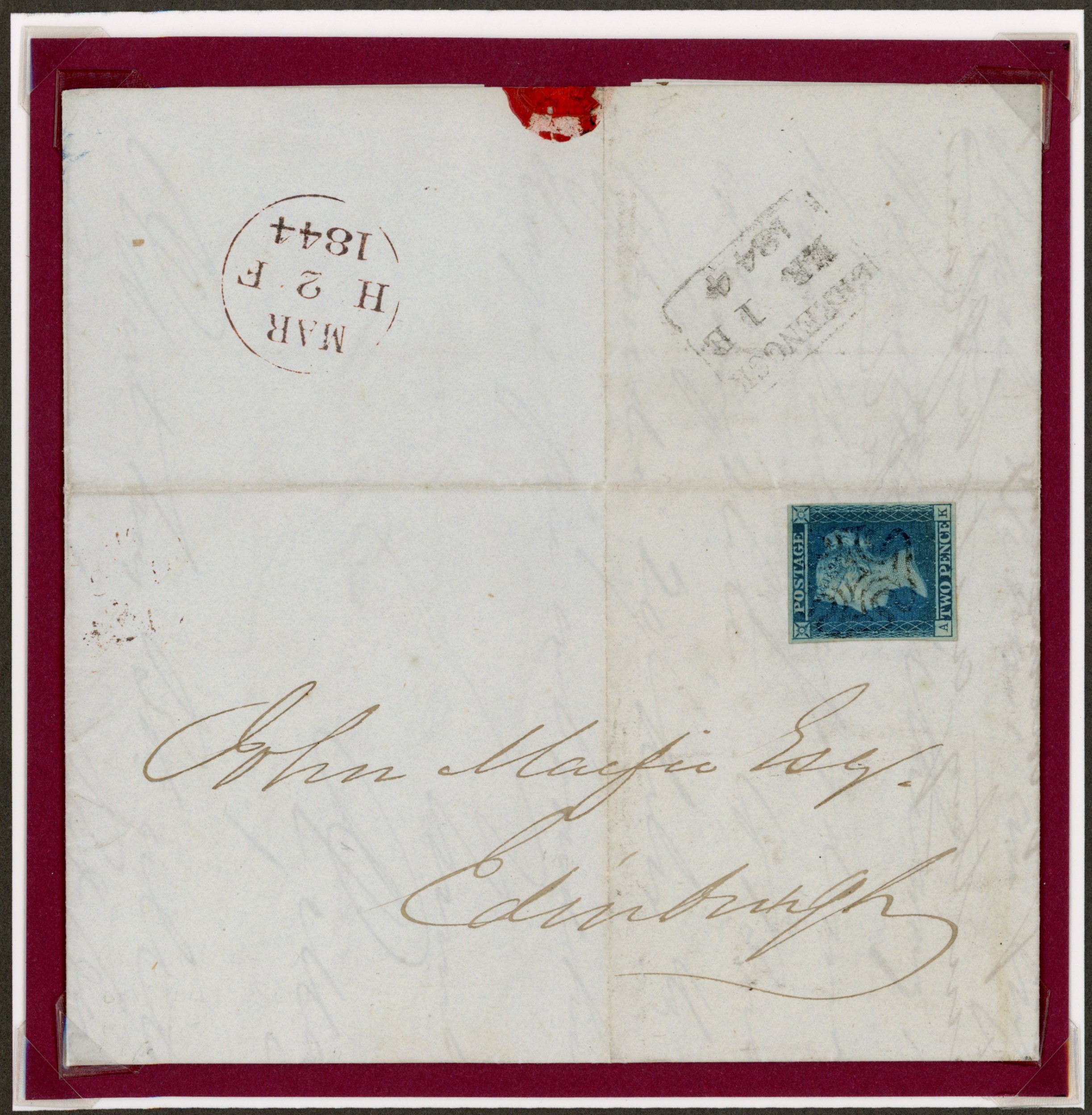 GB 1841 2d blue on cover to Edinburgh tied by the distinctive Greenock black Maltese cross