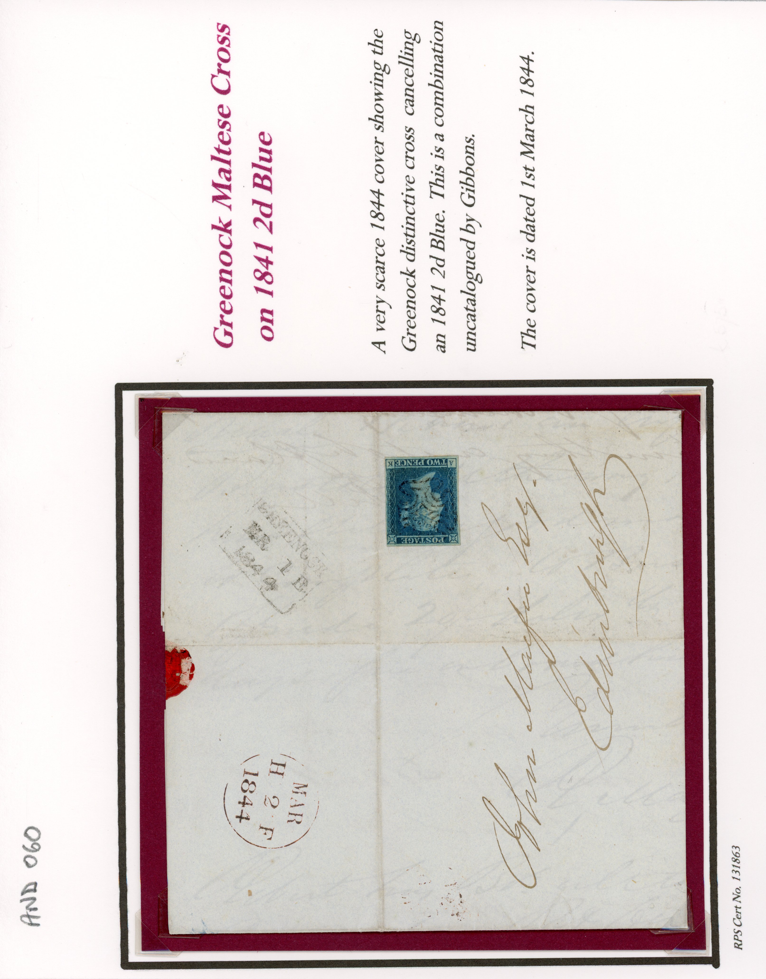 GB 1841 2d blue on cover to Edinburgh tied by the distinctive Greenock black Maltese cross