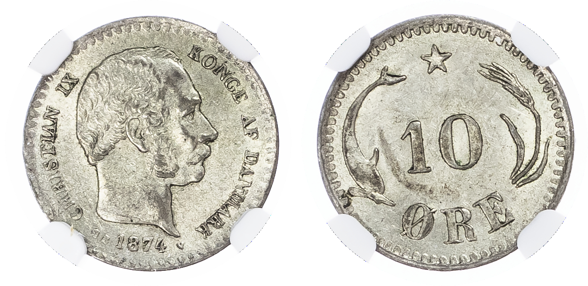 Denmark. Christian IX AR 10 Ore. 1874 CS.