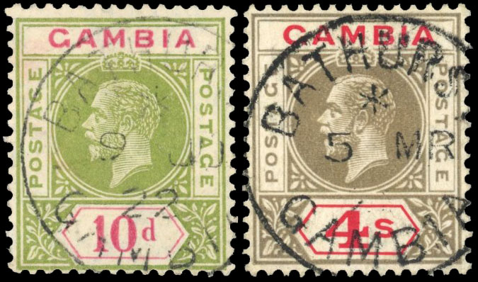 Gambia SG 116x, 117w 1921 10d and 4s watermark varieties used