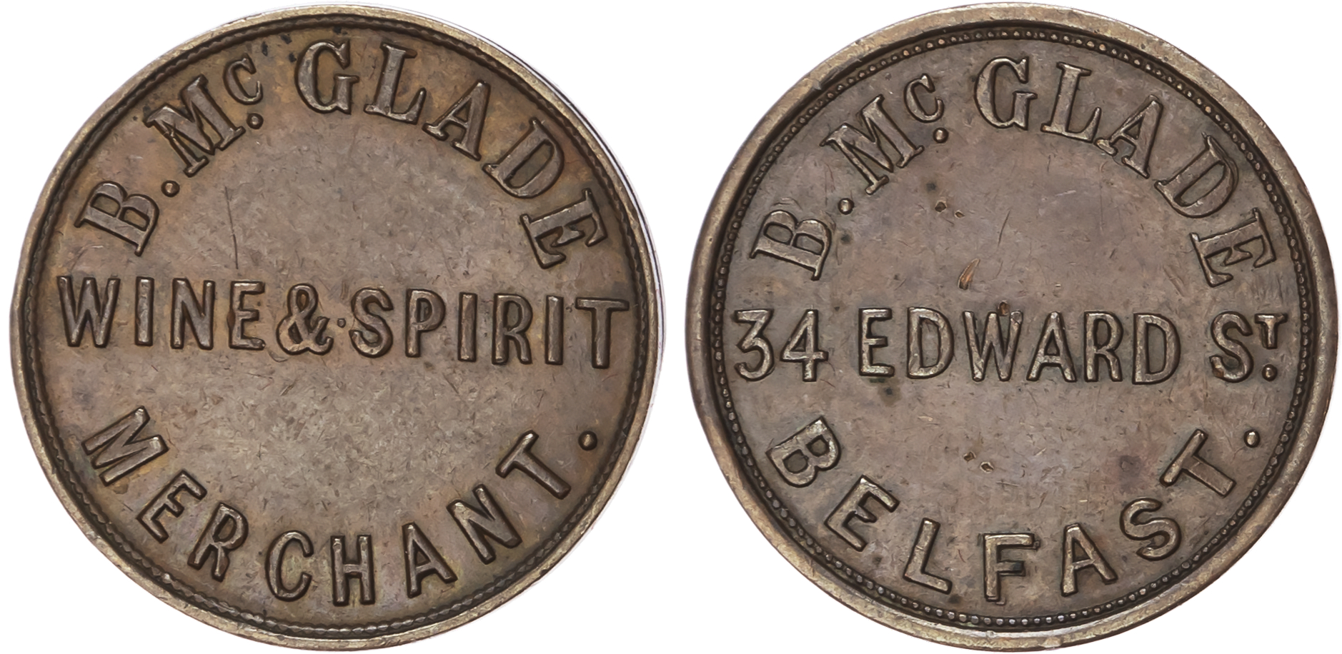 Belfast, Bernard McGlade. (spirits dealer) farthing (1866) two-line legend/three-line legend – 97 York St., 21…