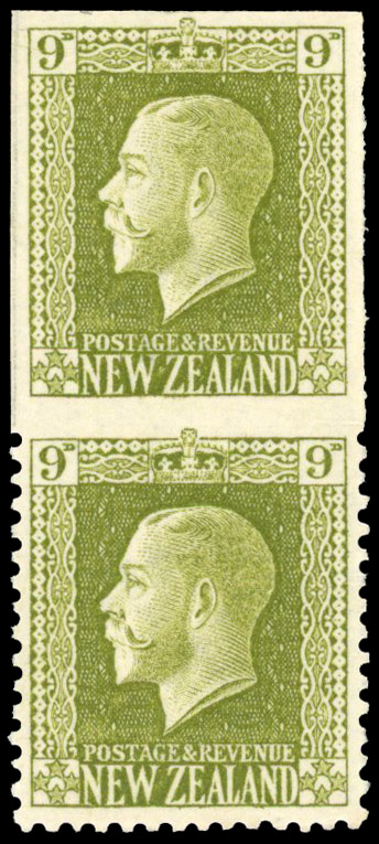 New Zealand 1915-30 9d vertical pair top stamp imperforate