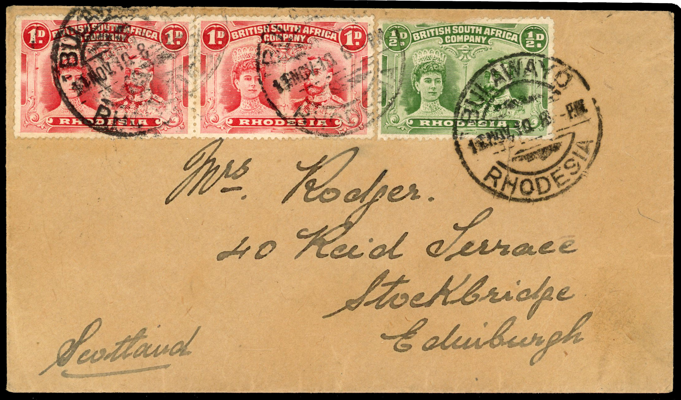 Rhodesia 1910 ½d and 1d on first day cover