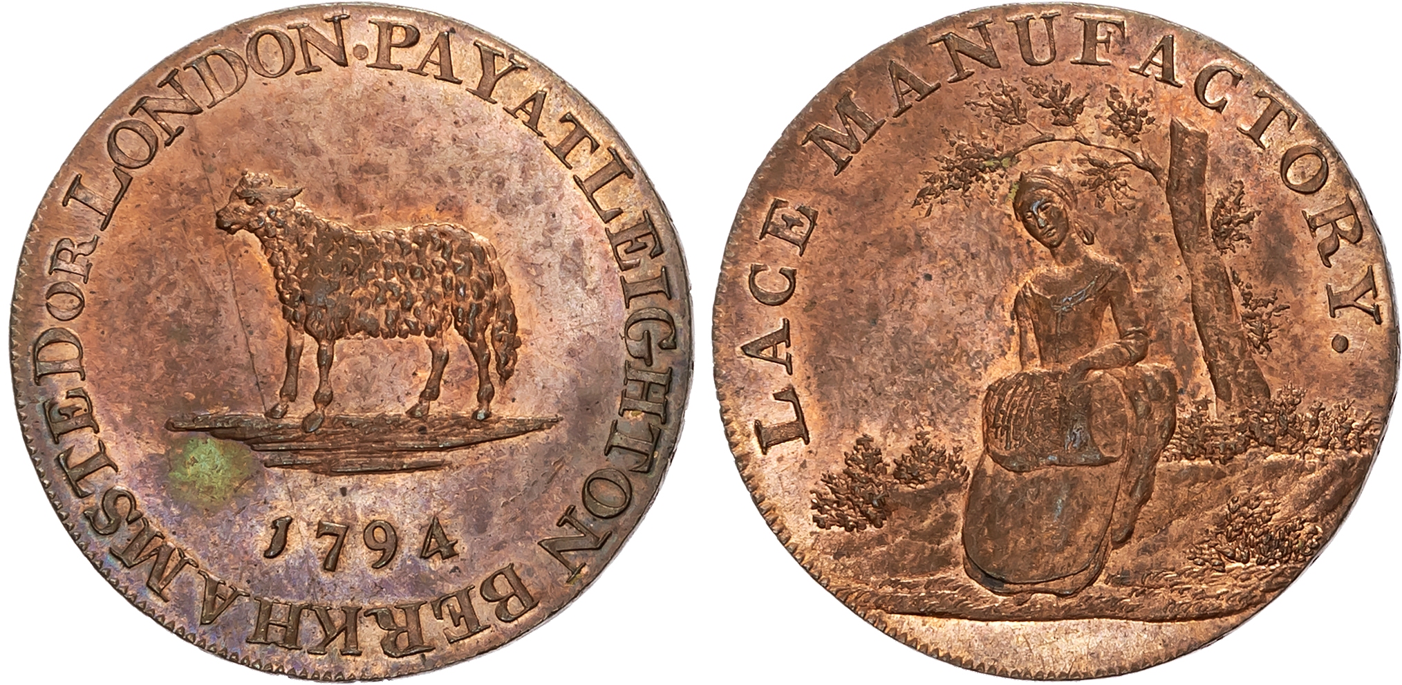 Beds, Leighton Buzzard, Chambers, Langston Hall & Co. (lace dealers) Halfpenny 1794, young woman making lace, rev. shee …