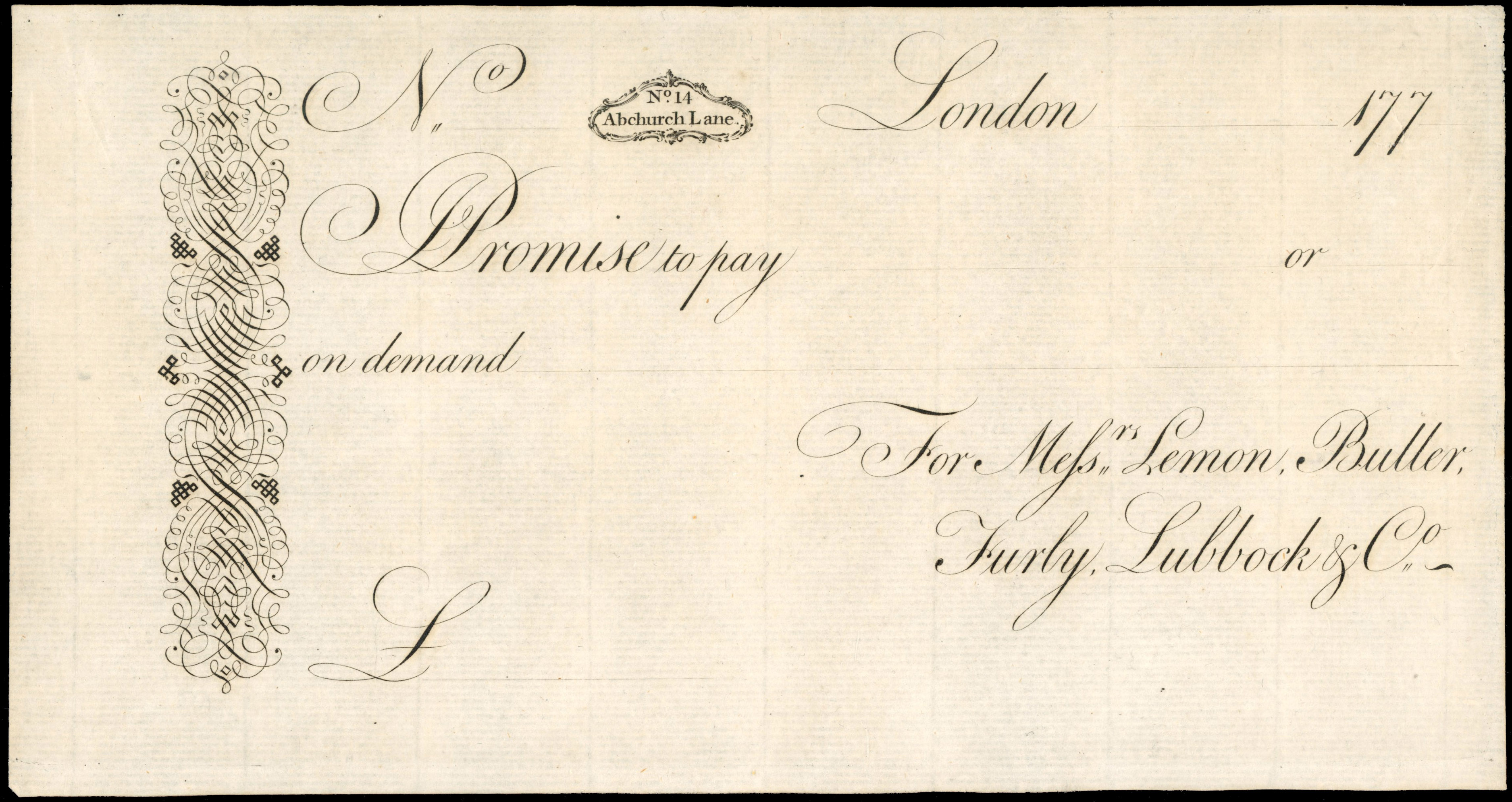 Messrs. Lemom, Buller, Furly, Lubbock & Co. Ltd., Unfilled cheque 177-.; Lincoln and Lindsey Banking Company f…