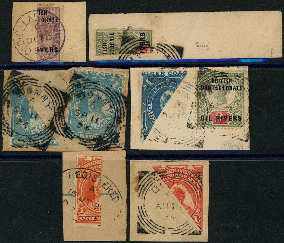 1892-4 bisects on piece, offered on their merits.  1892 1d right half with Old Calabar River CDS of OC 18 93; 1892 2d right...