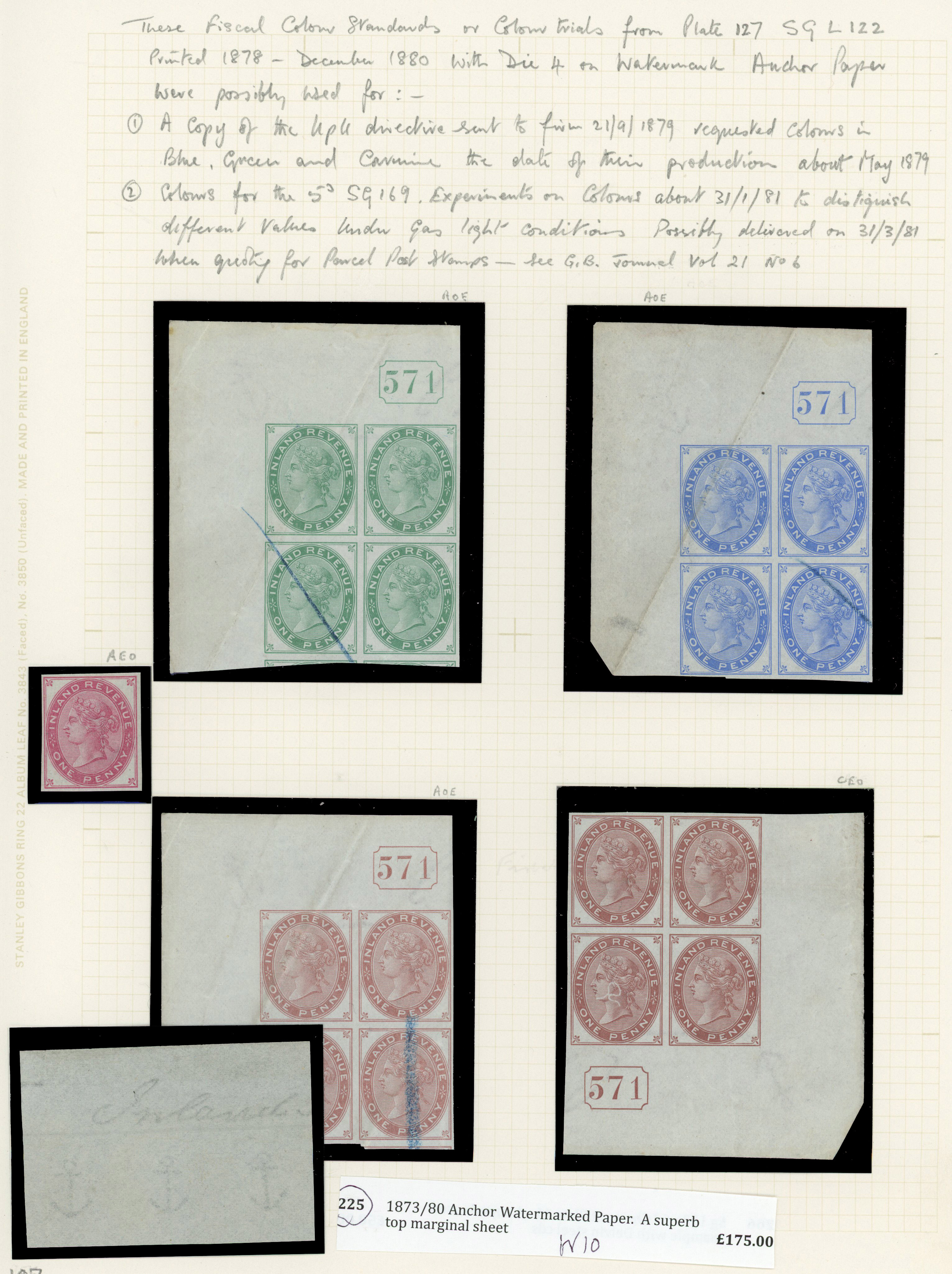 1879 1d Purple (Wmk. Anchor). Very fine group of four unused o.g. corner marginal block