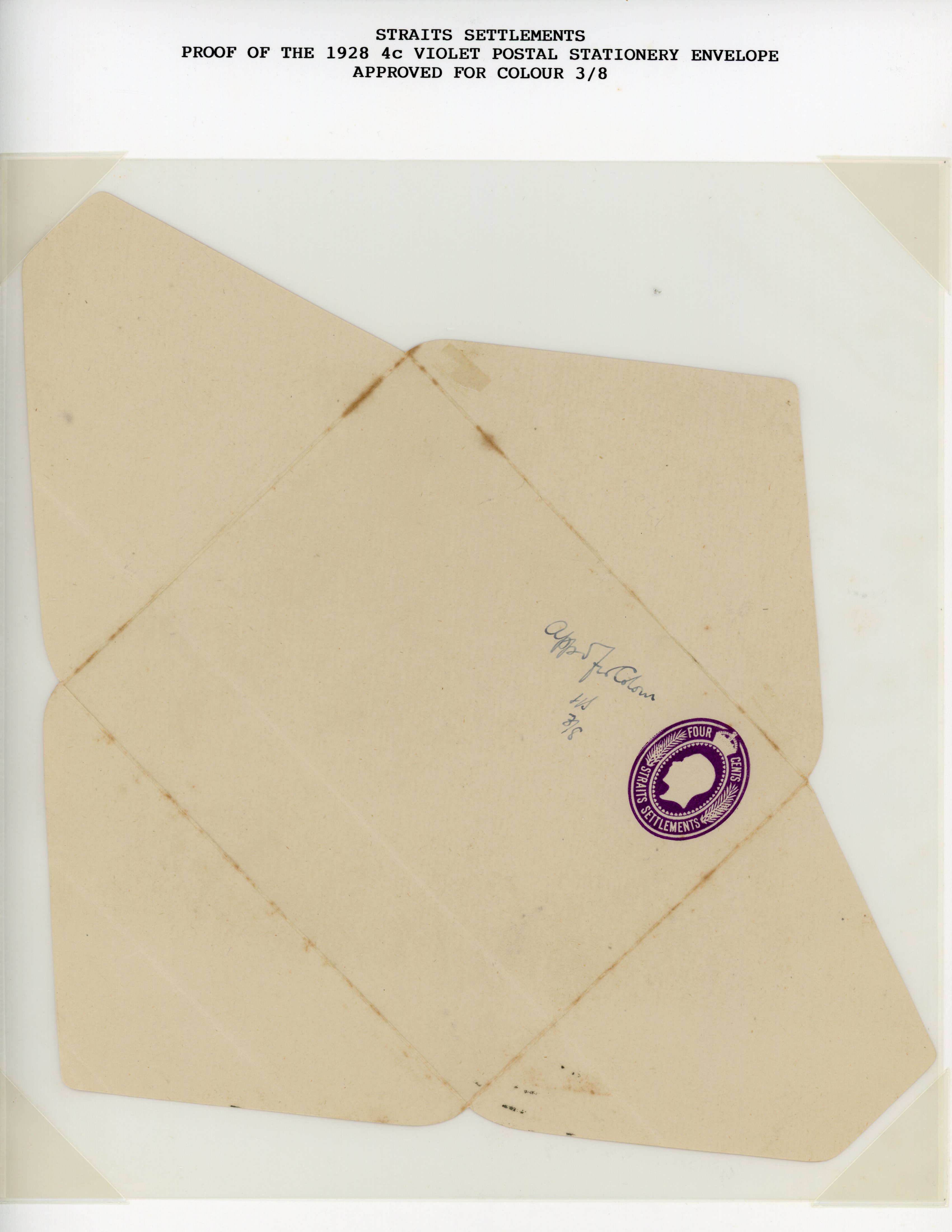 Straits Settlements 1928 4c violet, 6c red, 1929 4c orange envelope proofs