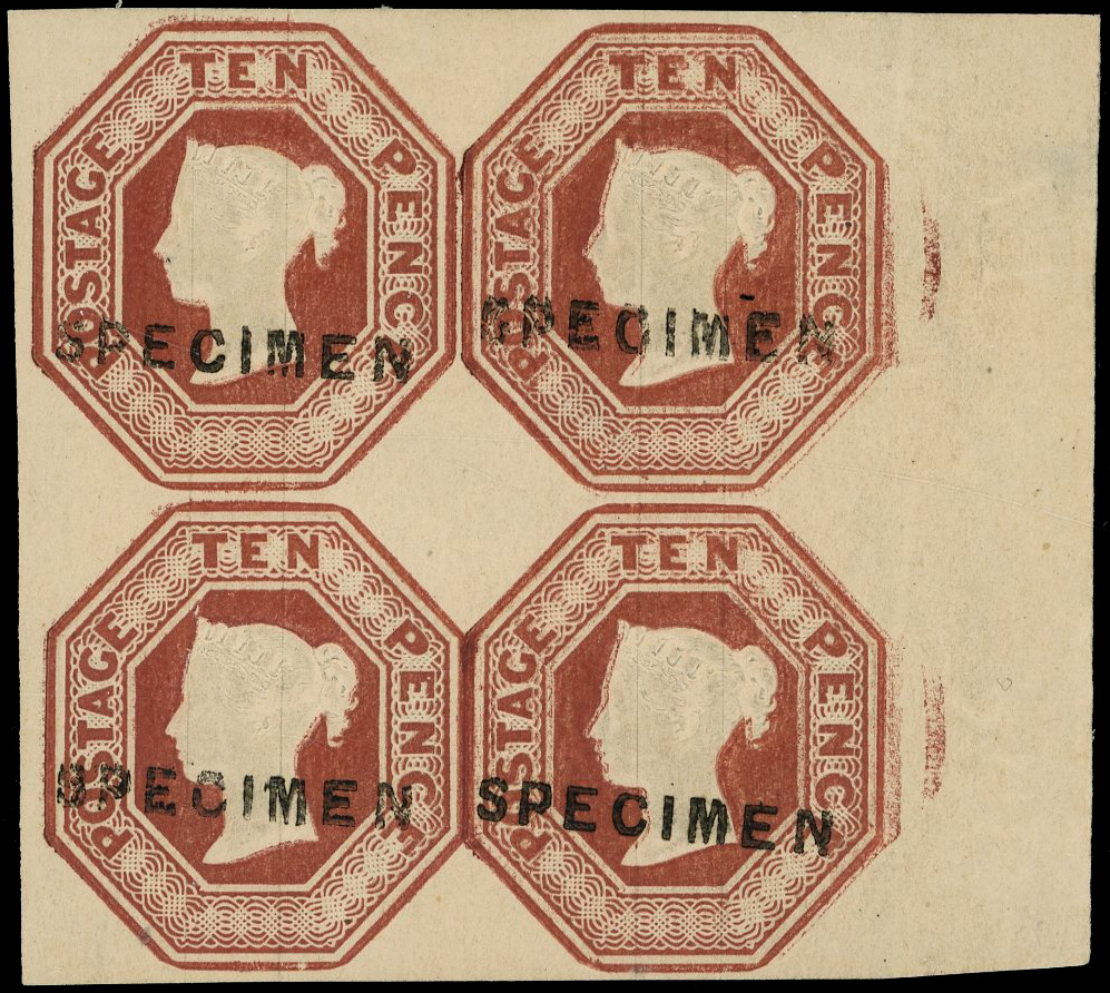 GB: 1848 10d red brown (Die W.W.1.) four margin right hand marginal block of 4 overprinted “SPECIMEN”
