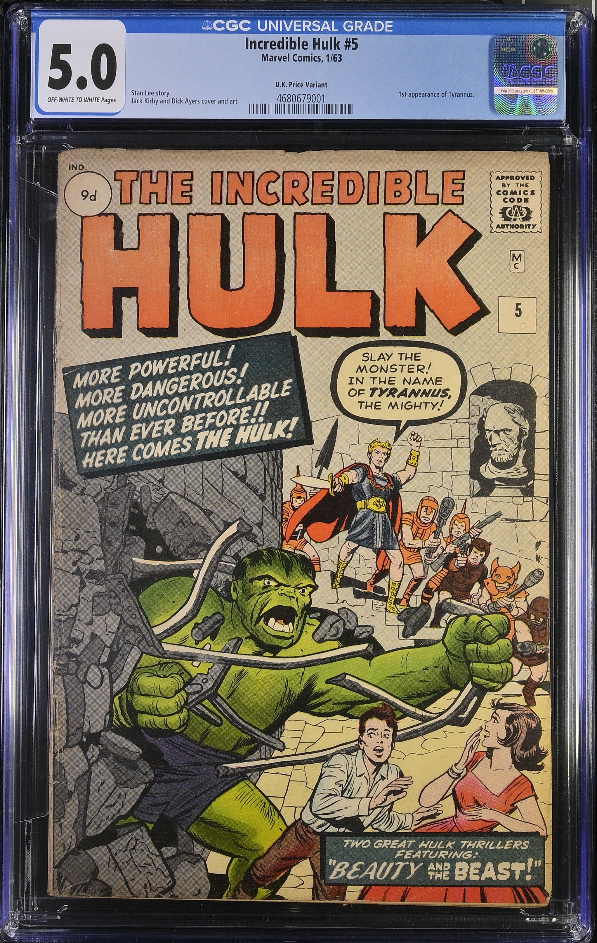 Incredible Hulk #5 CGC 5.0 UK Price Variant 1st Appearance of Tyrannus (Marvel Comics, 1963) Off-White to White Pages