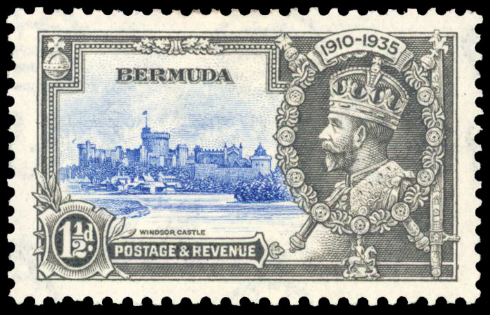 BERMUDA: 1935 1½d 1935 Silver Jubilee showing plate 7 R1/5 bird by turret variety o.g. SG 94m