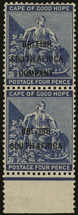 Rhodesia 1896 4d blue, type 8 opt on CGH, marginal vertical pair, lower stamp error "COMPANY" omitted, SG 62/a Mint
