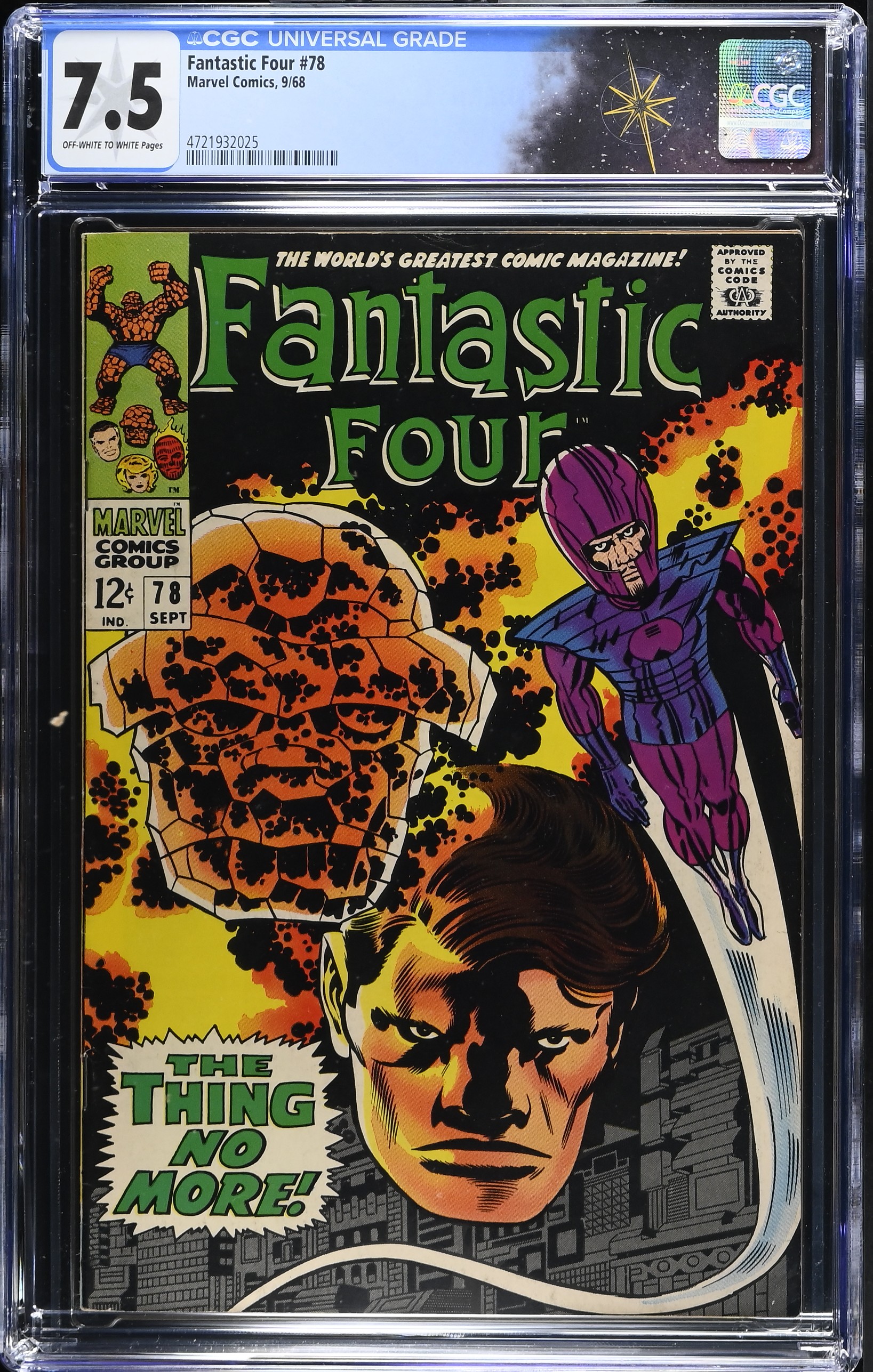 Fantastic Four #78 CGC 7.5 Jack Kirby Cover "The Thing No More!" (Marvel Comics, 1968) Off-White to White Pages