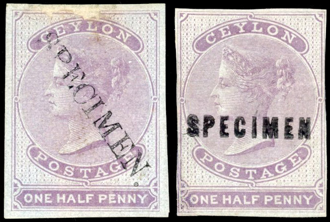 Ceylon SG 16 1857-64 ½d reddish lilac x2 handstamped Specimen