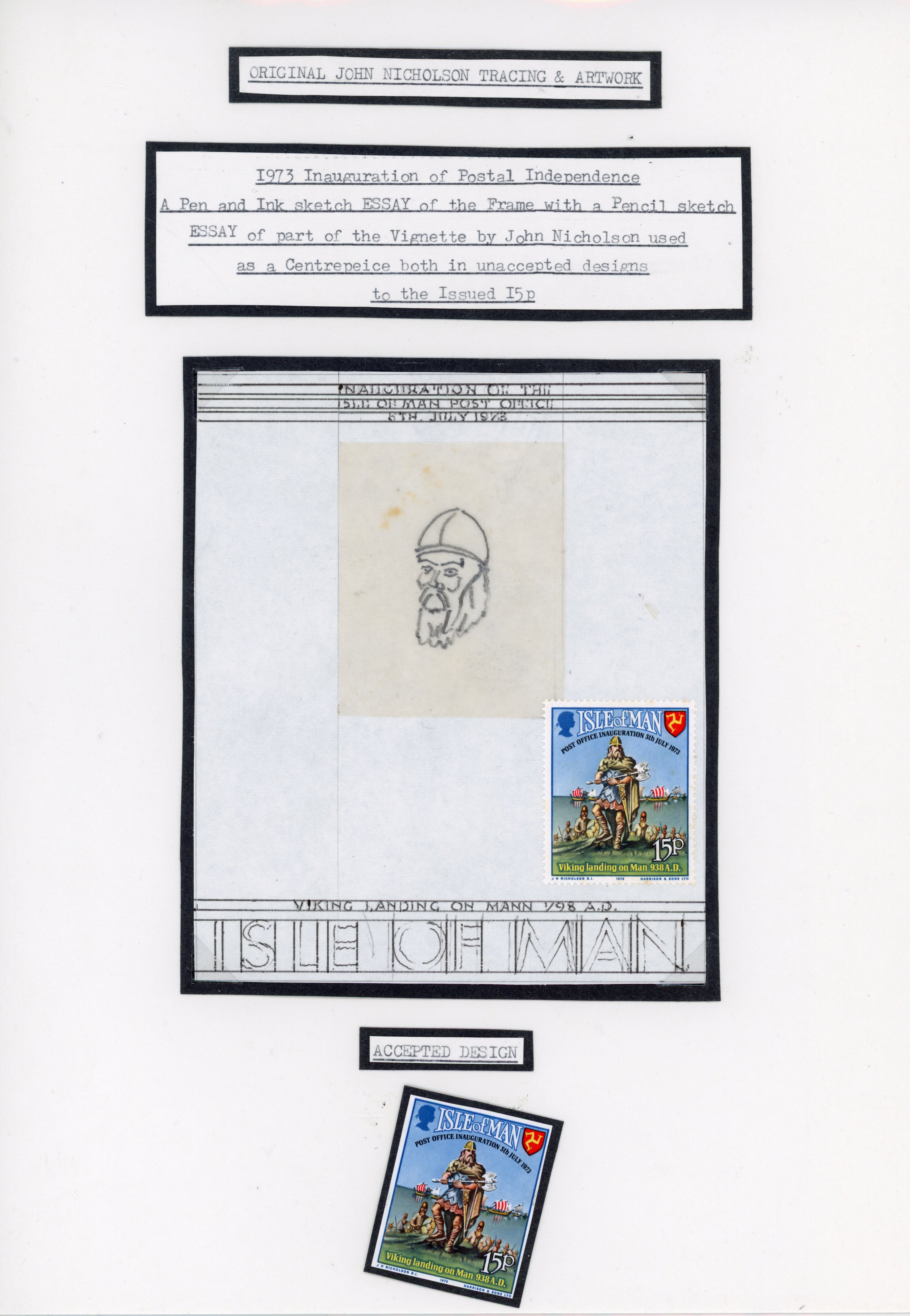 Isle of Man 1973 Inauguration of Postal Independence pen and ink sketch essays
