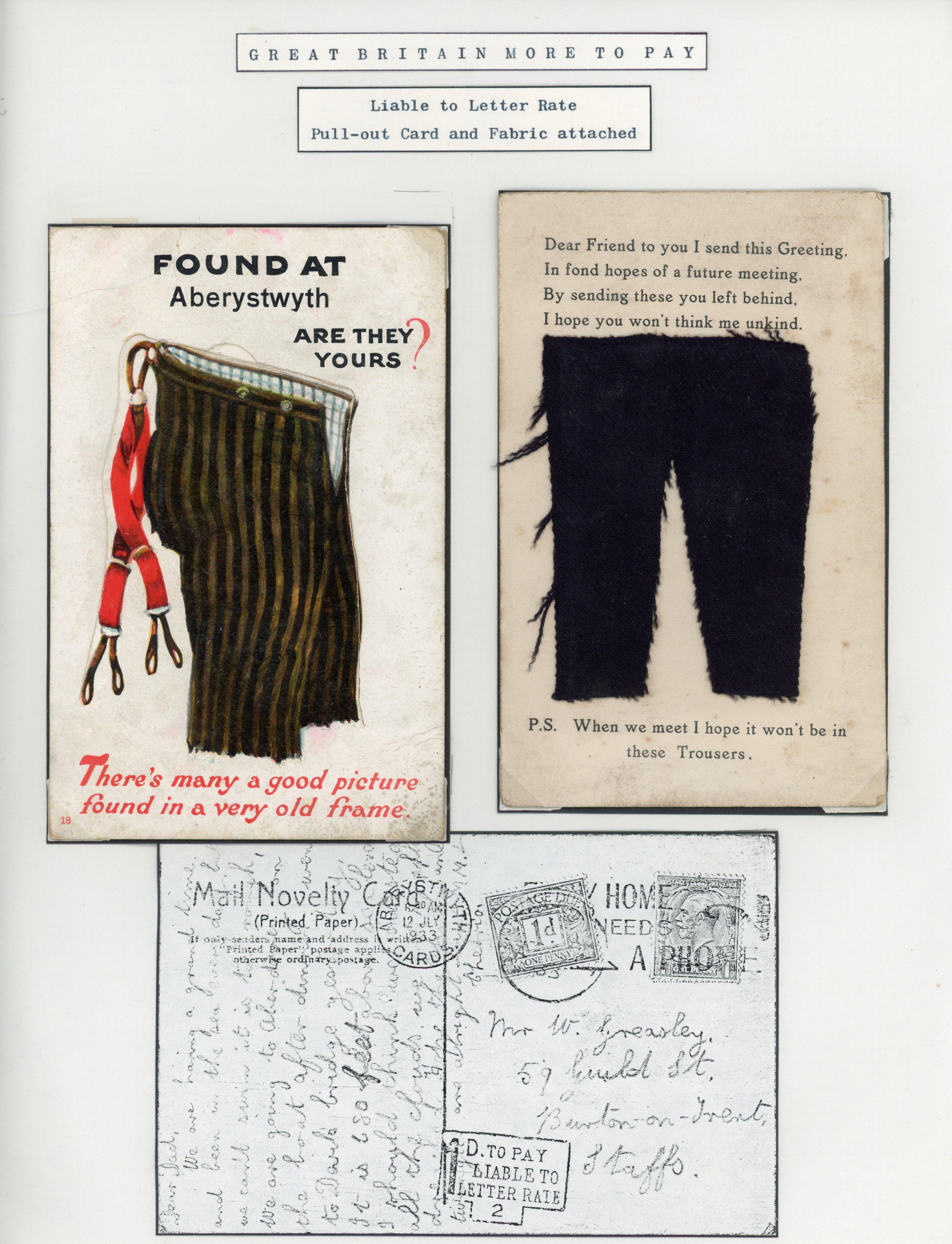 Great Britain 1933 Pair of novelty postcards with a flap and fabric attached