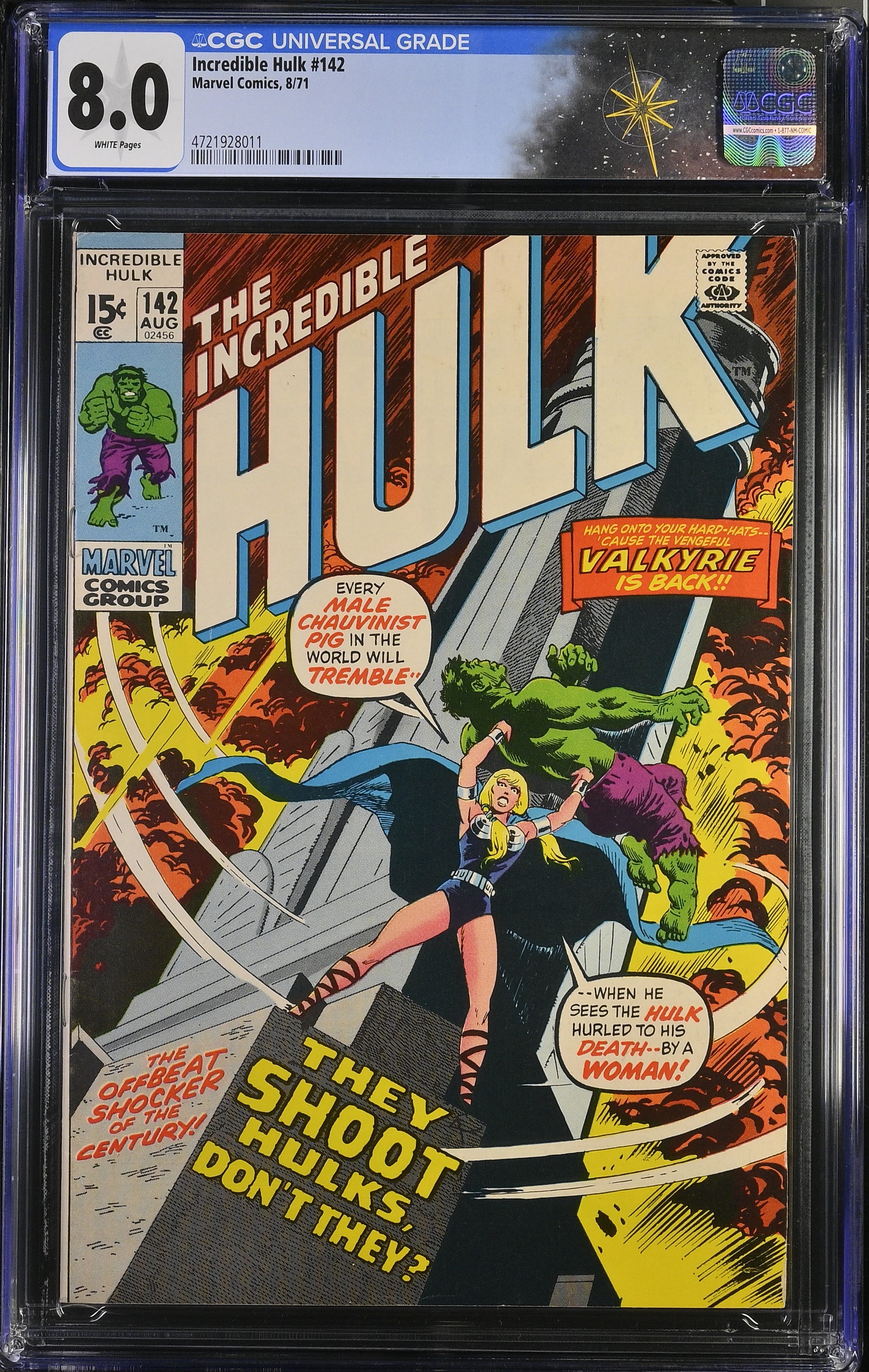 Incredible Hulk #142 CGC 8.0 “They Shoot Hulks, Don't They?” Valkyrie & Tom Wolfe Cameo (Marvel Comics, 1971) White Pages