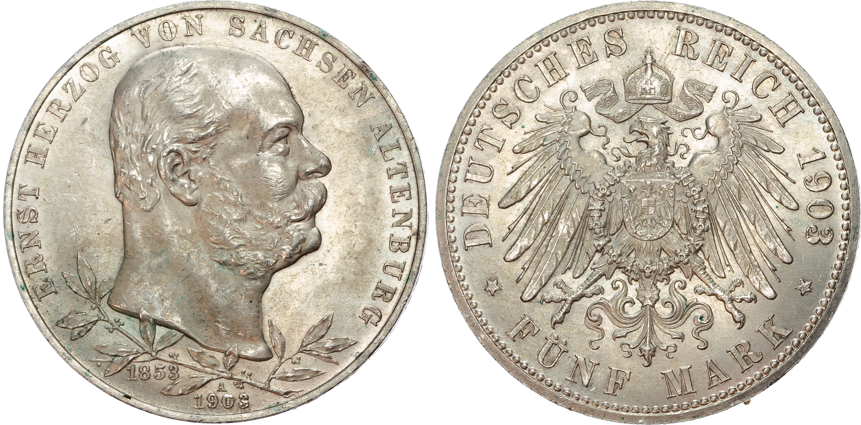 Germany, Saxony-Altenburg, Ernst I (1853-1908), 50th Anniversary of Reign, silver 5 Marks.