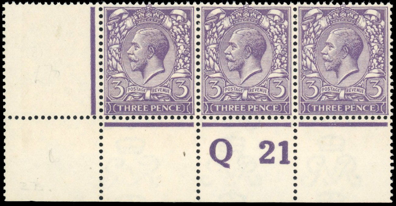 GB 1912-24 Royal Cypher 3d reddish violet, mint control A12 strip