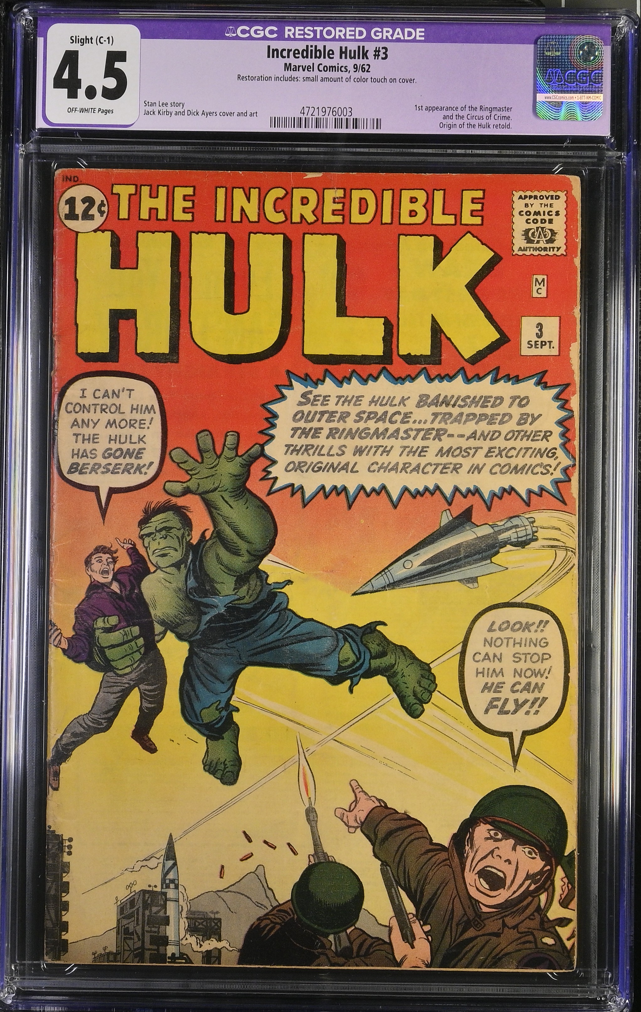 Incredible Hulk #3 CGC 4.5 Restored 1st App of Ringmaster & Circus of Crime (Marvel Comics, 1962) Off-White to White Pages